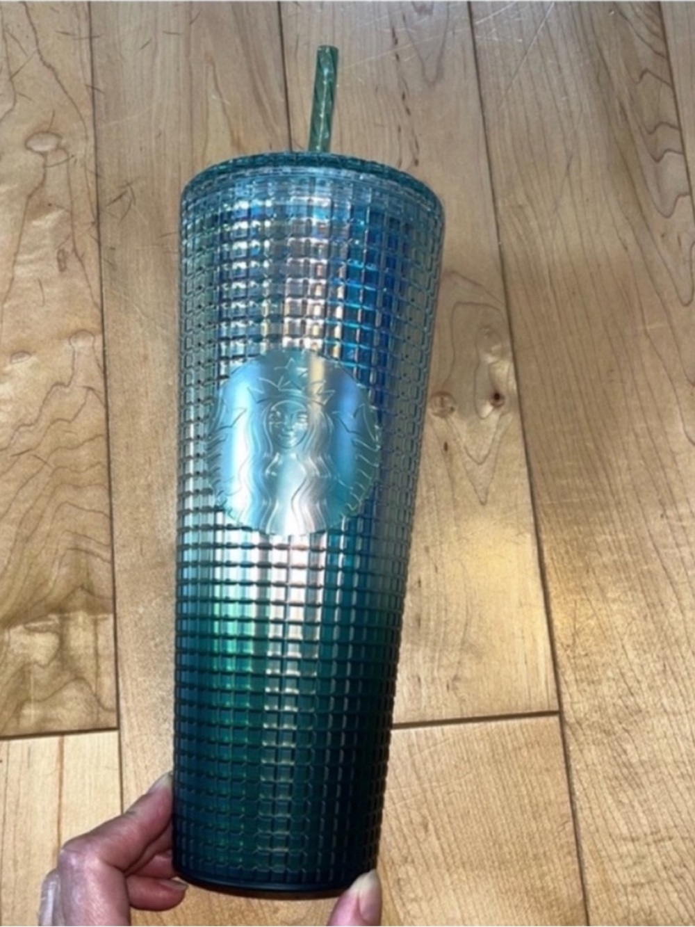 NWT Starbucks Ombre Disco Green Grid Gradient 24 oz Tumbler w lid and Straw - Picture 2 of 5